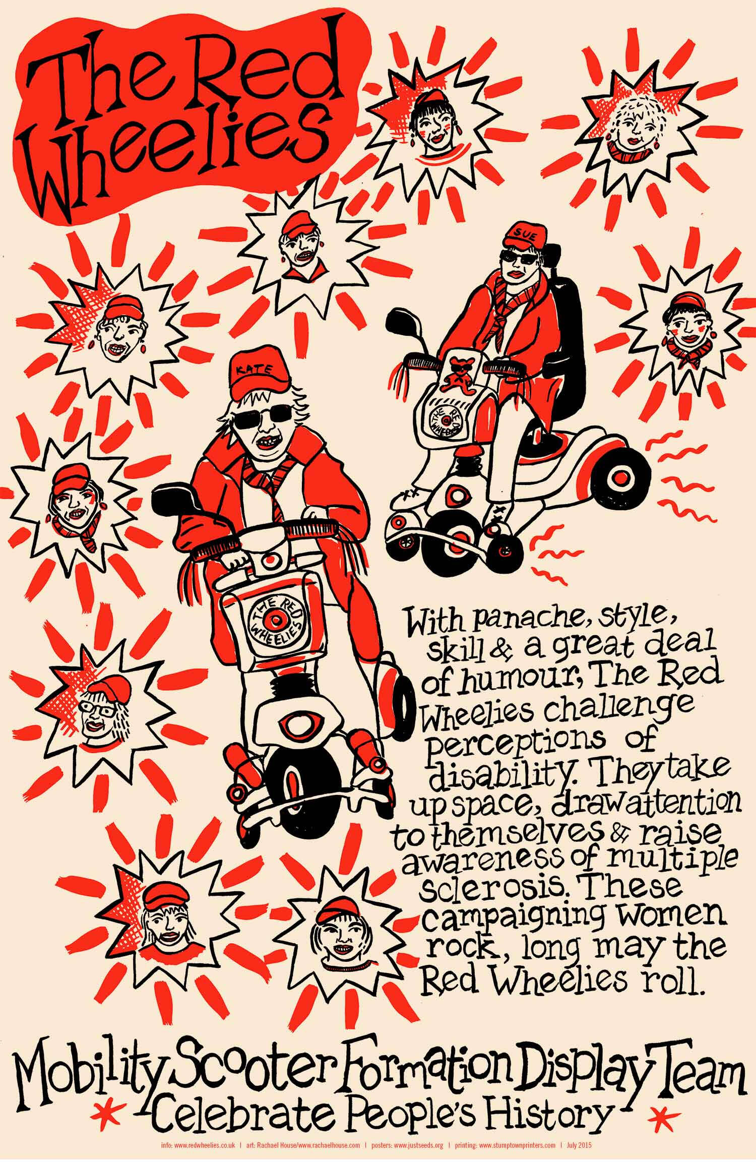 This is a pink poster with women on scooters in red and black driving on it.